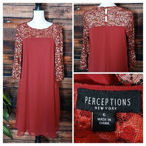 Perceptions New York Dress Size 6 Shift Lace Top Cropped Bell Cuff Sleeves Lined